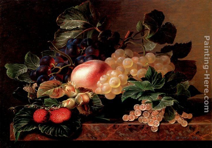 Johan Laurentz Jensen Grapes, Strawberries, a Peach, Hazelnuts and Berries in a Bowl on a marble Ledge